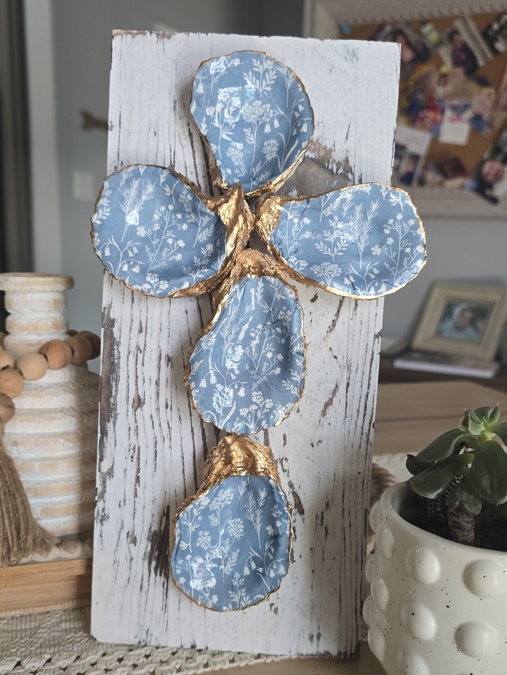 Decorative Blue Floral Oyster Shell Cross with Gold Leaf Accents